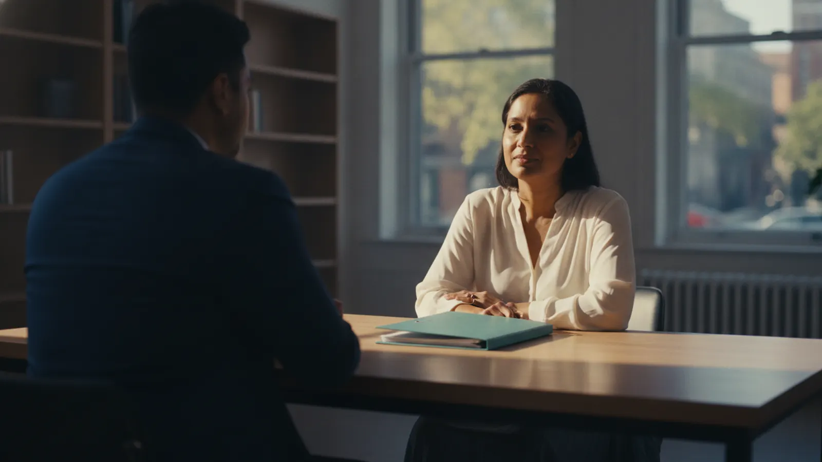 A woman talks with an adviser across a plain wooden desk in warm daylight, a closed folder between them.