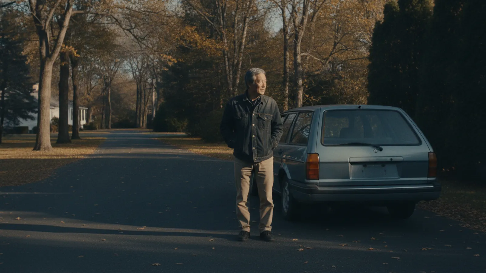 An older man stands back from his estate car on a driveway at golden hour, considering a dent in the rear door.