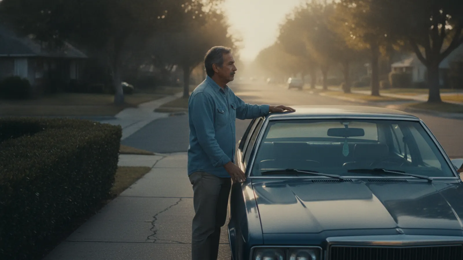 An older man rests a hand on the roof of his parked saloon on the driveway at golden hour, looking down the street.