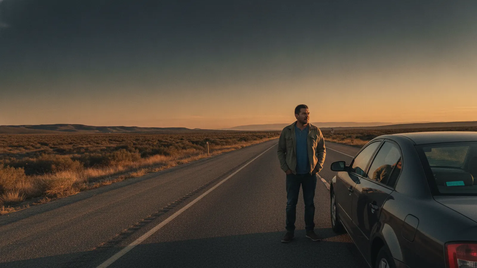 A man stands beside his parked car on an empty road shoulder at dusk, the road running away behind him.
