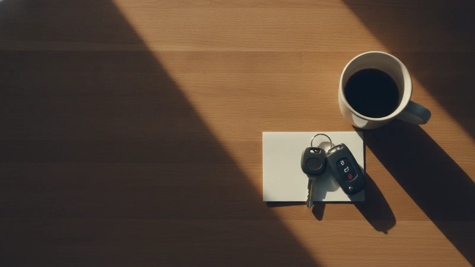 A set of car keys resting on a plain card beside a mug on a sunlit wooden worktop.