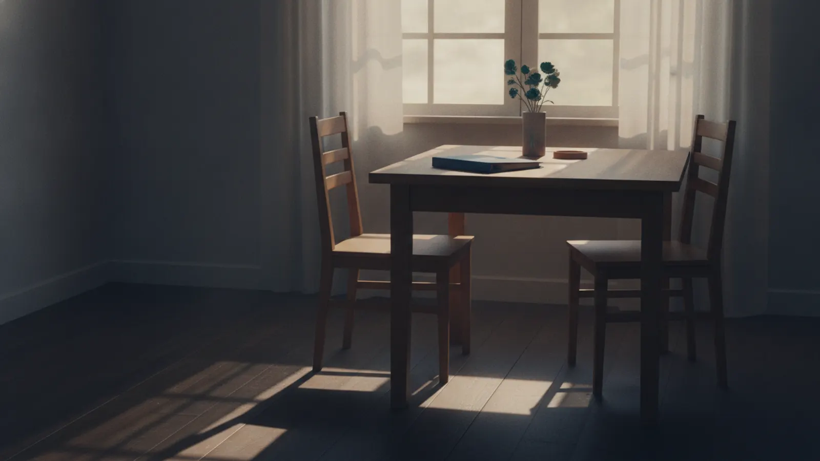 A kitchen table by a window in soft late-afternoon light with two chairs, a closed folder and a small vase of flowers.